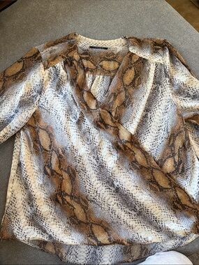 T Tahari Brown & White Snake-Print Wrap Blouse